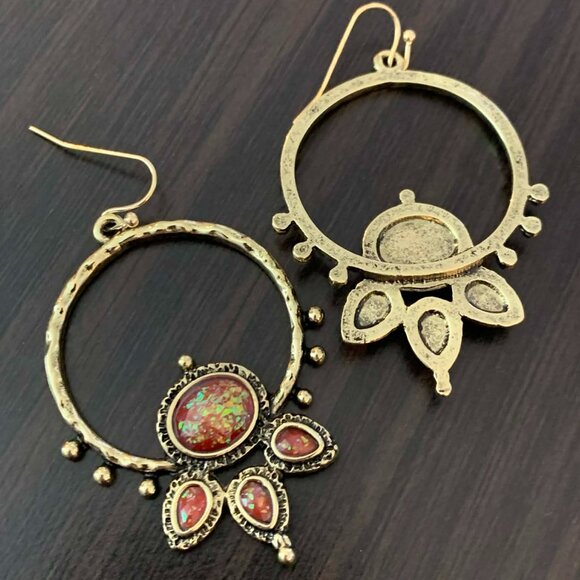 Gold Red Gemstone Lotus Flower Earrings - Picture 6 of 8